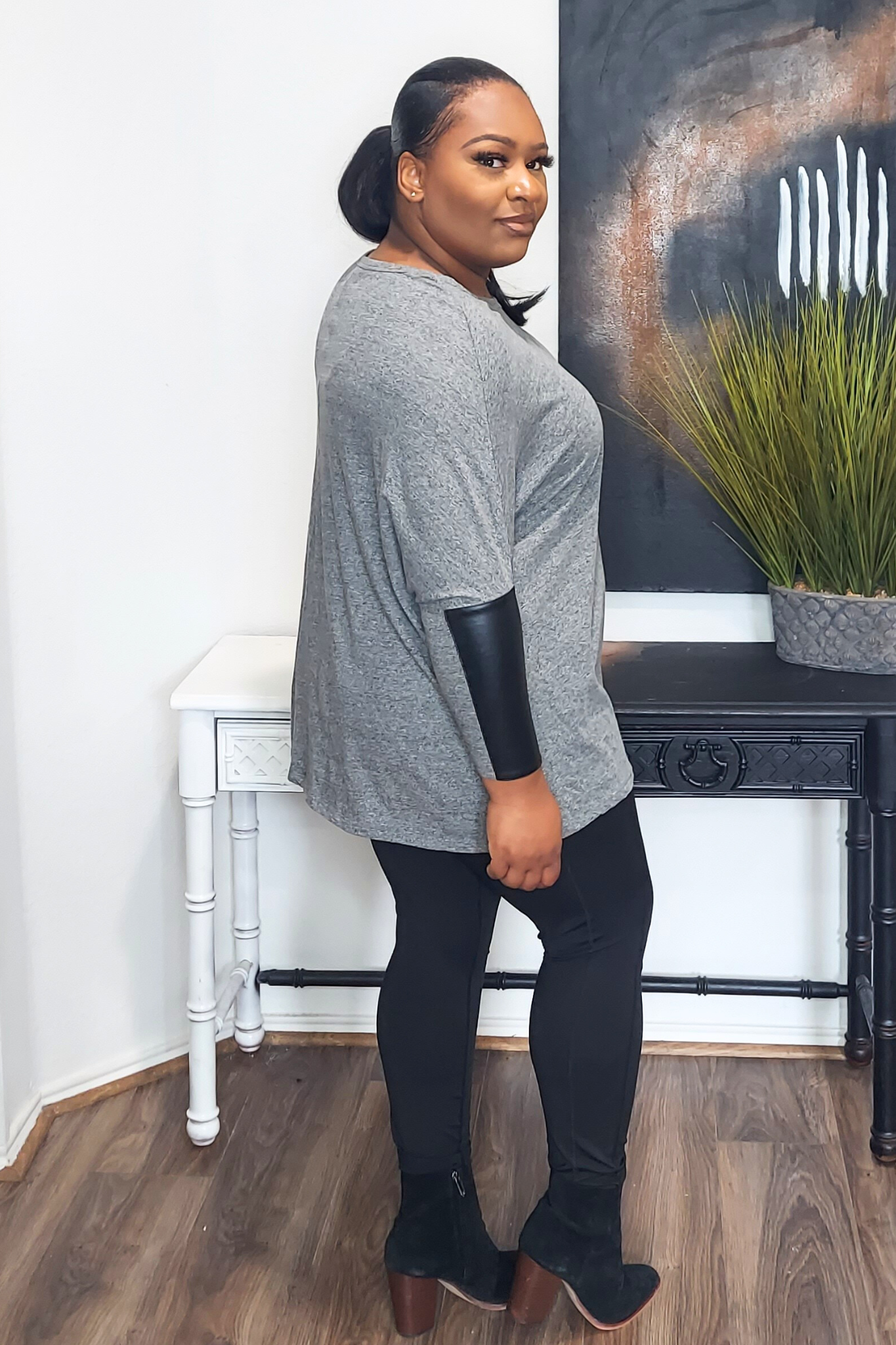 Nicole Vegan Leather Sleeve Inset Sweater