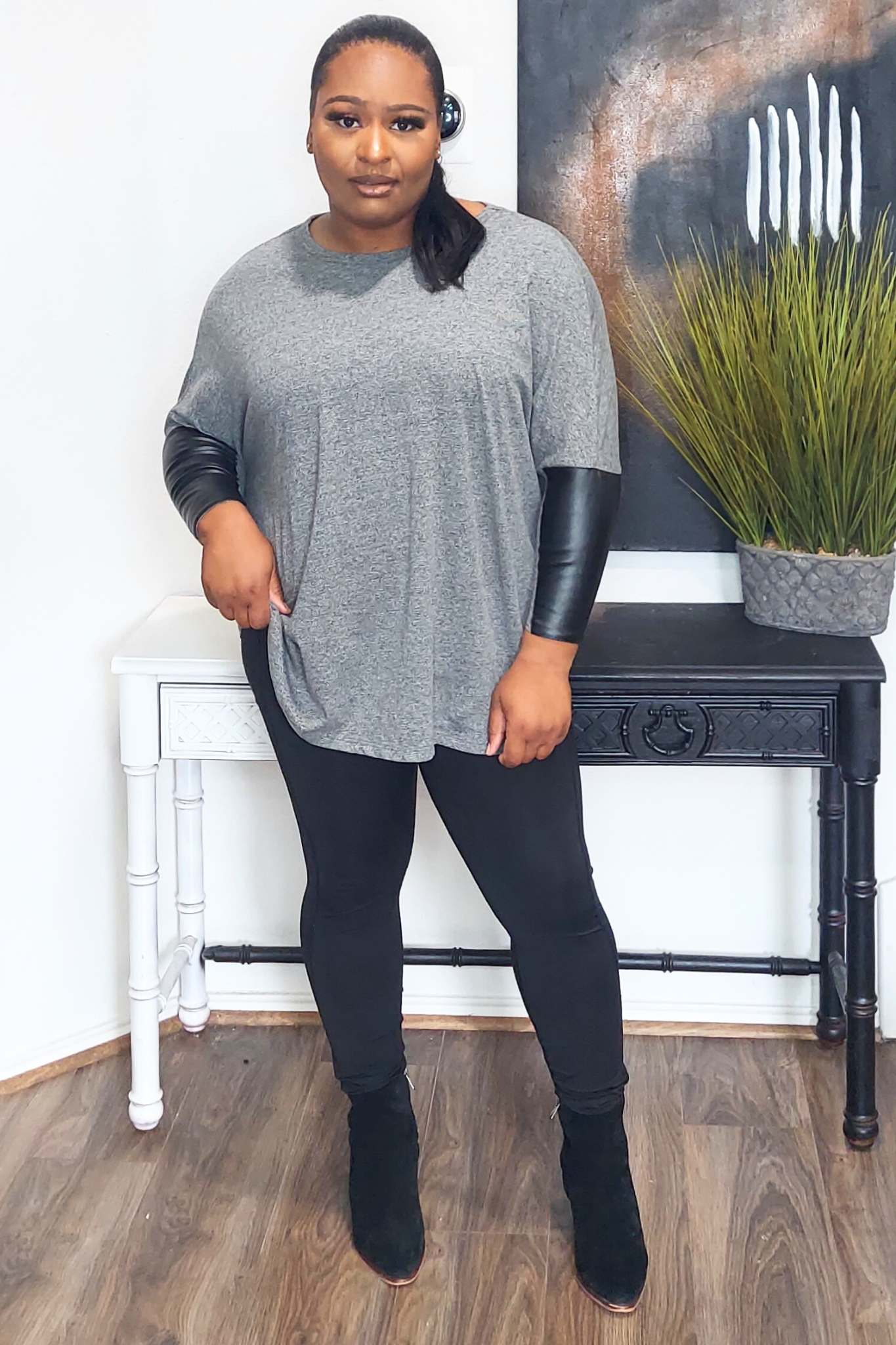 Nicole Vegan Leather Sleeve Inset Sweater