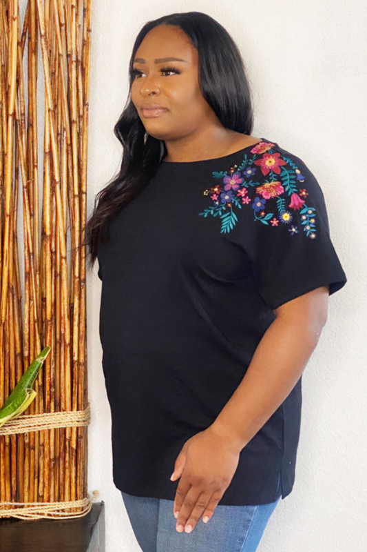 FINAL SALE - Tia Floral Embroidered Sleeve Tee